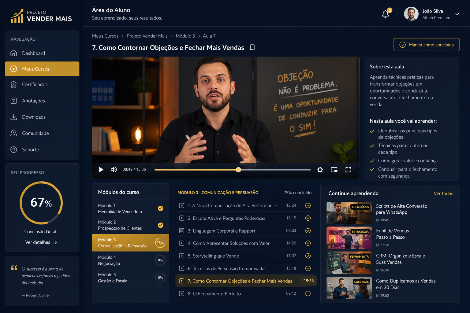 Área do aluno / player de aulas